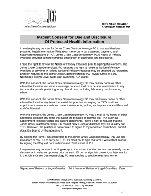 I hereby give my consent for Johns Creek Gastroenterology PC to use and disclose protected health information (PHI) about me to carry out treatment, payment, and healthcare operations (TPO)