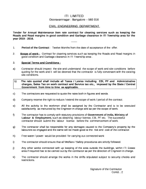Tender for Annual Maintenance item rate contract for cleaning services such as keeping the Roads and Road margins in good condition and Garbage clearance in ITI Township area for the year 2015 - 2016