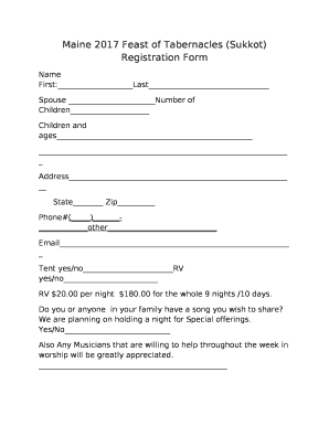 Maine 2017 Feast of Tabernacles (Sukkot)Registration Form