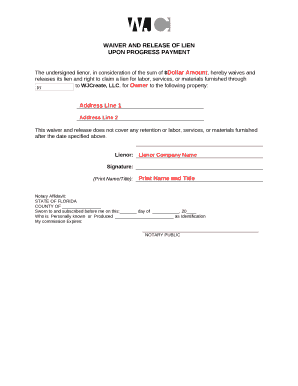 The undersigned lienor, in consideration of the sum of $Dollar Amount, hereby waives and releases its lien and right to claim a lien for labor, services, or materials furnished throughto WJCreate, LLC