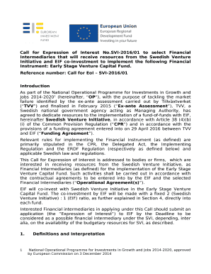 SVI-2016/01 to select Financial Intermediaries that will receive resources from the Swedish Venture Initiative and EIF co-investment to implement the following Financial Instrument: Early Stage Venture Capital Fund
