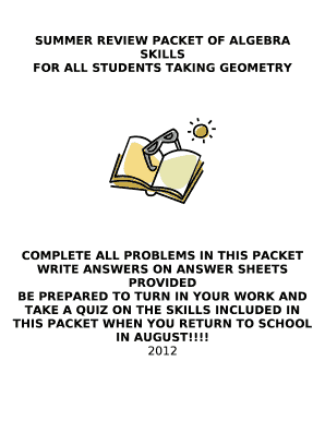 SUMMER REVIEW PACKET OF ALGEBRA SKILLS