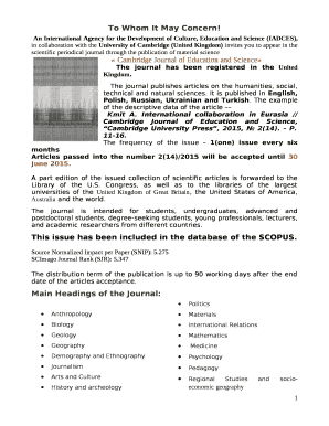 An International Agency for the Development of Culture, Education and Science (IADCES), in collaboration with the University of Cambridge (United Kingdom) invites you to appear in the scientific periodical journal through the publication of