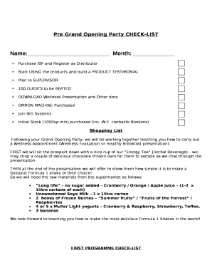 Pre Grand Opening Party CHECK-LIST