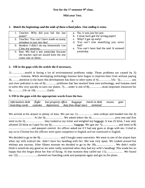Test for the 1st semester 9th class. Mid-year Test. A Match the ...