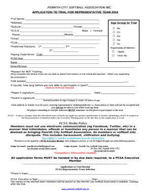 APPLICATION TO TRIAL FOR REPRESENTATIVE TEAM 2016
