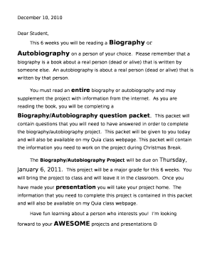 This 6 weeks you will be reading a Biography or Autobiography on a person of your choice