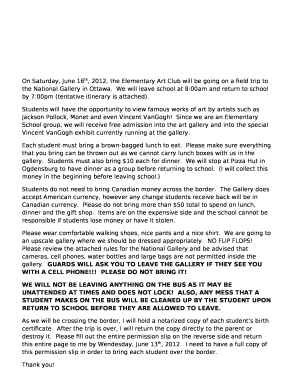 On Saturday, June 16th, 2012, the Elementary Art Club will be going on a field trip to the National Gallery in Ottawa