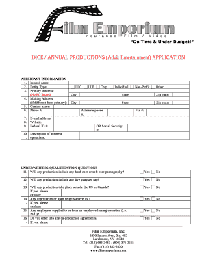 DICE / ANNUAL PRODUCTIONS (Adult Entertainment) APPLICATION