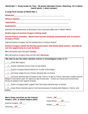 World War 1Study Guide for Test 50 points (Multiple Choice, Matching, Fill in Blank (word bank), 1 short answer)
