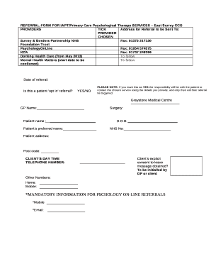 REFERRAL FORM FOR IAPT/Primary Care Psychological Therapy SERVICES East Surrey CCG