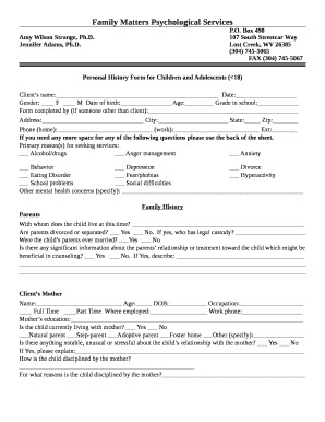 Personal History Form for Children and Adolescents (