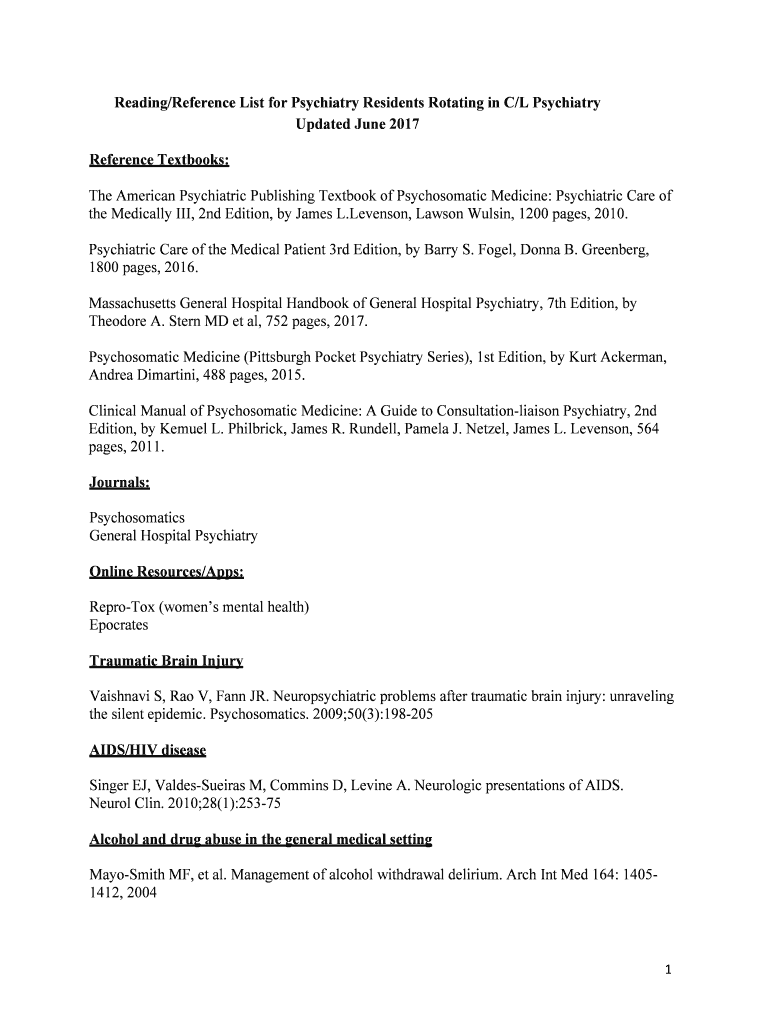 Fillable Online Reading/Reference List for Psychiatry Residents