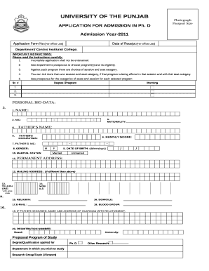 APPLICATION FOR ADMISSION IN Ph