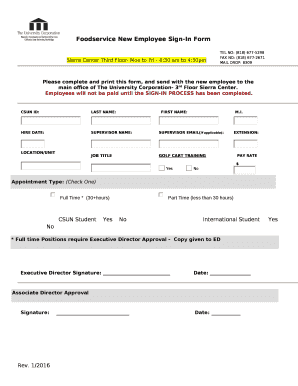 Foodservice New Employee Sign-In Form