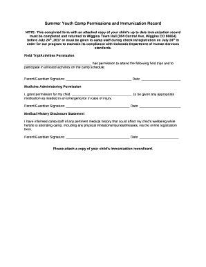 Summer Youth Camp Permissions and Immunization Record