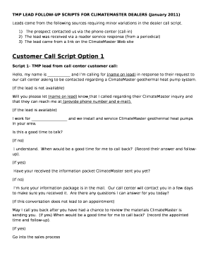 TMP LEAD FOLLOW-UP SCRIPTS FOR CLIMATEMASTER DEALERS (January 2011)