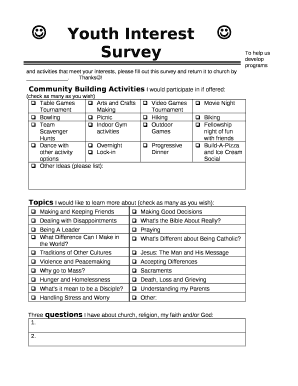 To help us develop programs and activities that meet your interests, please fill out this survey and return it to church by