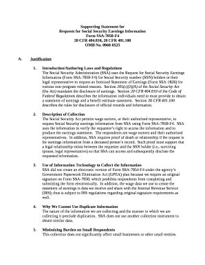 The Social Security Administration (SSA) uses the Request for Social Security Earnings Information (Form SSA-7050-F4) for Social Security number (SSN) holders or their legal representative to request an Itemized Statement of Earnings (Form