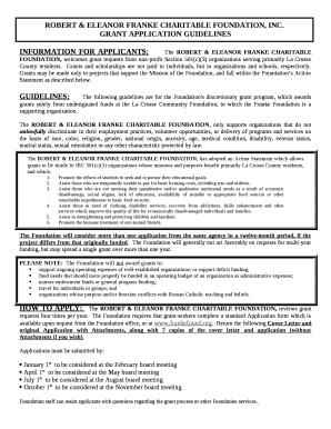 INFORMATION FOR APPLICANTS:The ROBERT & ELEANOR FRANKE CHARITABLE FOUNDATION, welcomes grant requests from non-profit Section 501(c)(3) organizations serving primarily La Crosse County residents