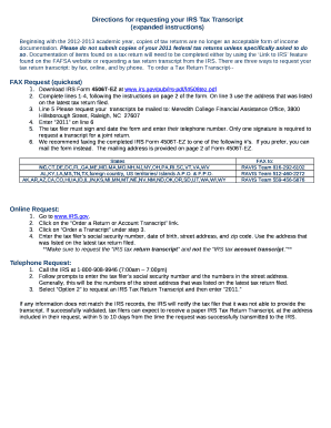 Directions for requesting your IRS Tax Transcript