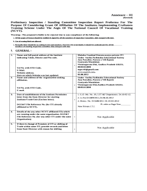 Preliminary Inspection / Standing Committee Inspection Report Proforma For The Purpose Of Considering Grant Of Affiliation Of The Institutes Implementing Craftsmen Training Scheme Under The Aegis Of The National Council Of Vocational