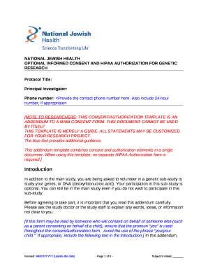 OPTIONAL INFORMED CONSENT AND HIPAA AUTHORIZATION FOR GENETIC RESEARCH