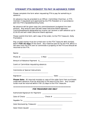 Please complete this form when requesting PTA to pay for something in advance