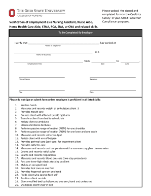 Verification of employment as a Nursing Assistant, Nurse Aide,