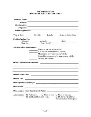 INDIVIDUAL TEST SUMMARY SHEET