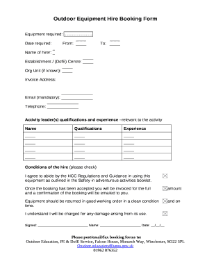 Outdoor Equipment Hire Booking Form