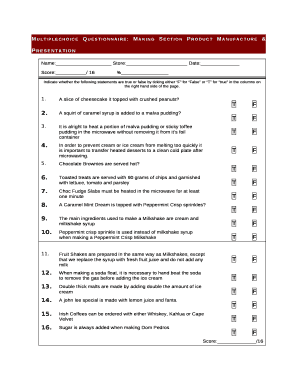 Multiplechoice Questionnaire: Making Section Product Manufacture & Presentation