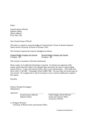 This letter is a request to revise the budget of Contract/Grant # Grant # between Sponsor Name and the University of Illinois for Project Title