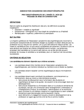 Remplissable PRIX ERGOTHRAPEUTE DE L'ANNE L'ACE-QC