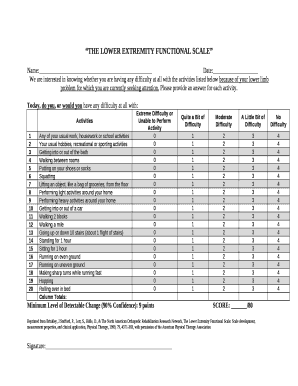 We are interested in knowing whether you are having any difficulty at all with the activities listed below because of your lower limb problem for which you are currently seeking attention