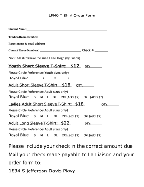 LFNO T-Shirt Order Form