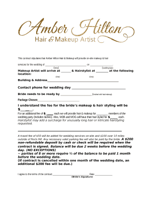 This contract stipulates that Amber Hilton Hair & Makeup will provide on-site makeup & hair