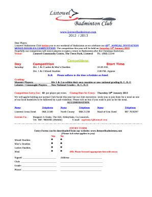 Listowel Badminton Club invites you to our weekend of Badminton as we celebrate our 42ndANNUAL INVITATION MIXED DOUBLES COMPETITION