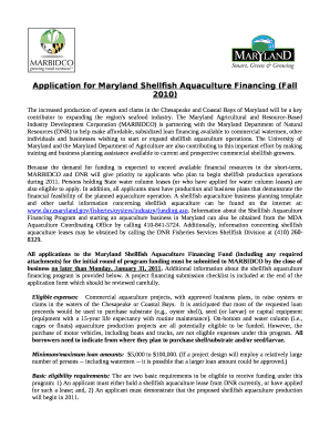 Application for Maryland Shellfish Aquaculture Financing (Fall 2010)