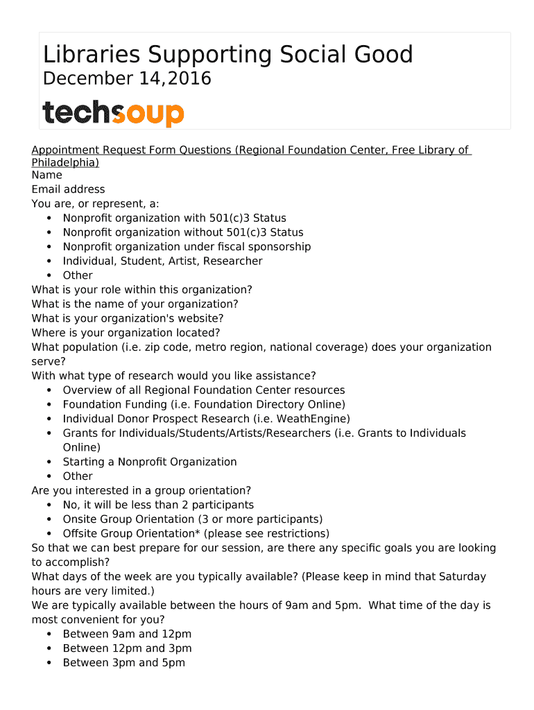 Appointment Request Questions (Regional Foundation Center, Free Library