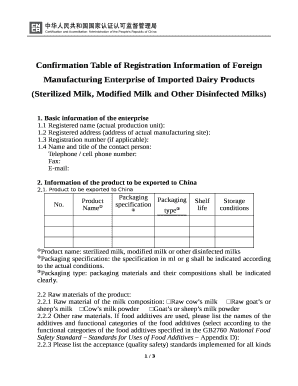 Confirmation Table of Registration Information of Foreign Manufacturing Enterprise of Imported Dairy Products (Sterilized Milk, Modified Milk and Other Disinfected Milks)