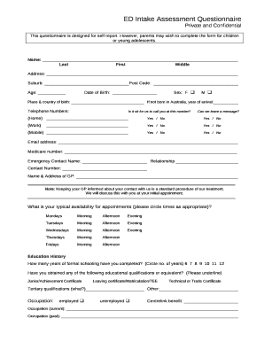 ED Intake Assessment Questionnaire