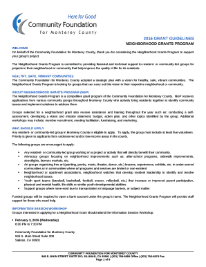 On behalf of the Community Foundation for Monterey County, thank you for considering the Neighborhood Grants Program to support your groups project