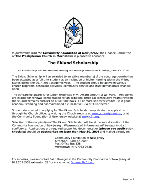 The Scholarship will be awarded during the worship service on Sunday, June 22, 2014