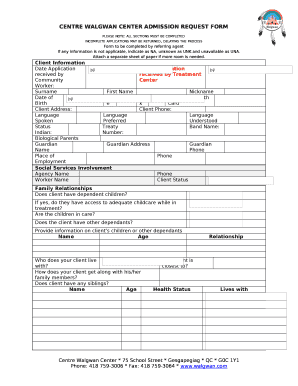 CENTRE WALGWAN CENTER ADMISSION REQUEST FORM