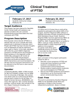 This program has been planned for Sandhills Center mental health and substance use disorder providers who are Licensed Practitioners/Licensed Associates who treat individuals with PTSD
