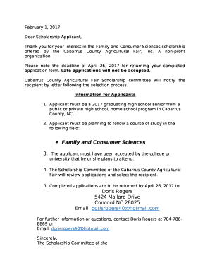 Thank you for your interest in the Family and Consumer Sciences scholarship offered by the Cabarrus County Agricultural Fair, Inc