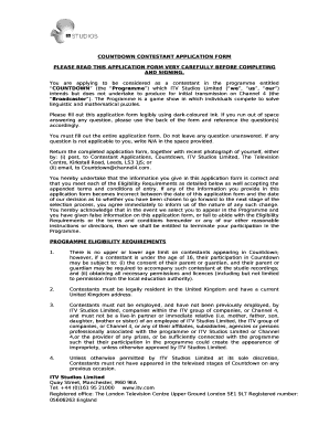 You are applying to be considered as a contestant in the programme entitled COUNTDOWN (the Programme) which ITV Studios Limited (we, us, our) intends but does not undertake to produce for initial transmission on Channel 4 (the Broadcaster)