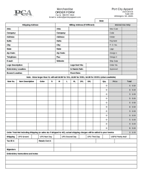 Sample Order Form - Port City Apparel