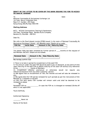 DRAFT OF THE LETTER TO BE GIVEN BY THE BANK ISSUING THE FDR TO NCDEX (In case ofrenewal)